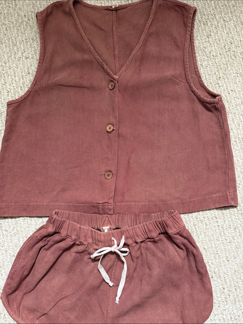 Free People Mauve Sleeveless Button Front Top + Drawstring Shorts Set - Picture 2 of 4